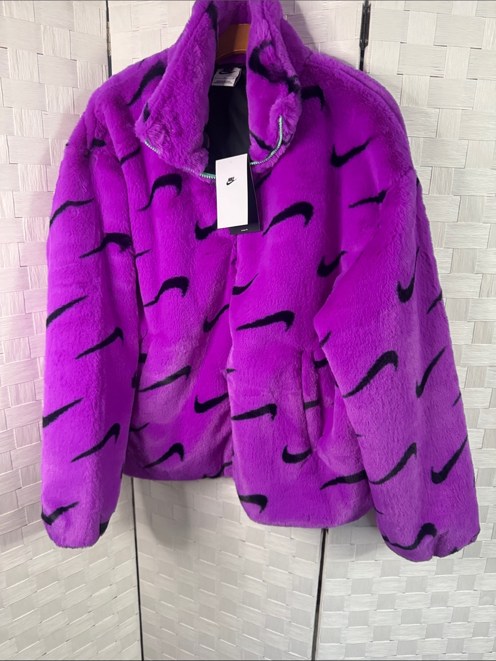 Nike Vibrant Purple Faux Fur Jacket with Black Swoosh Accents